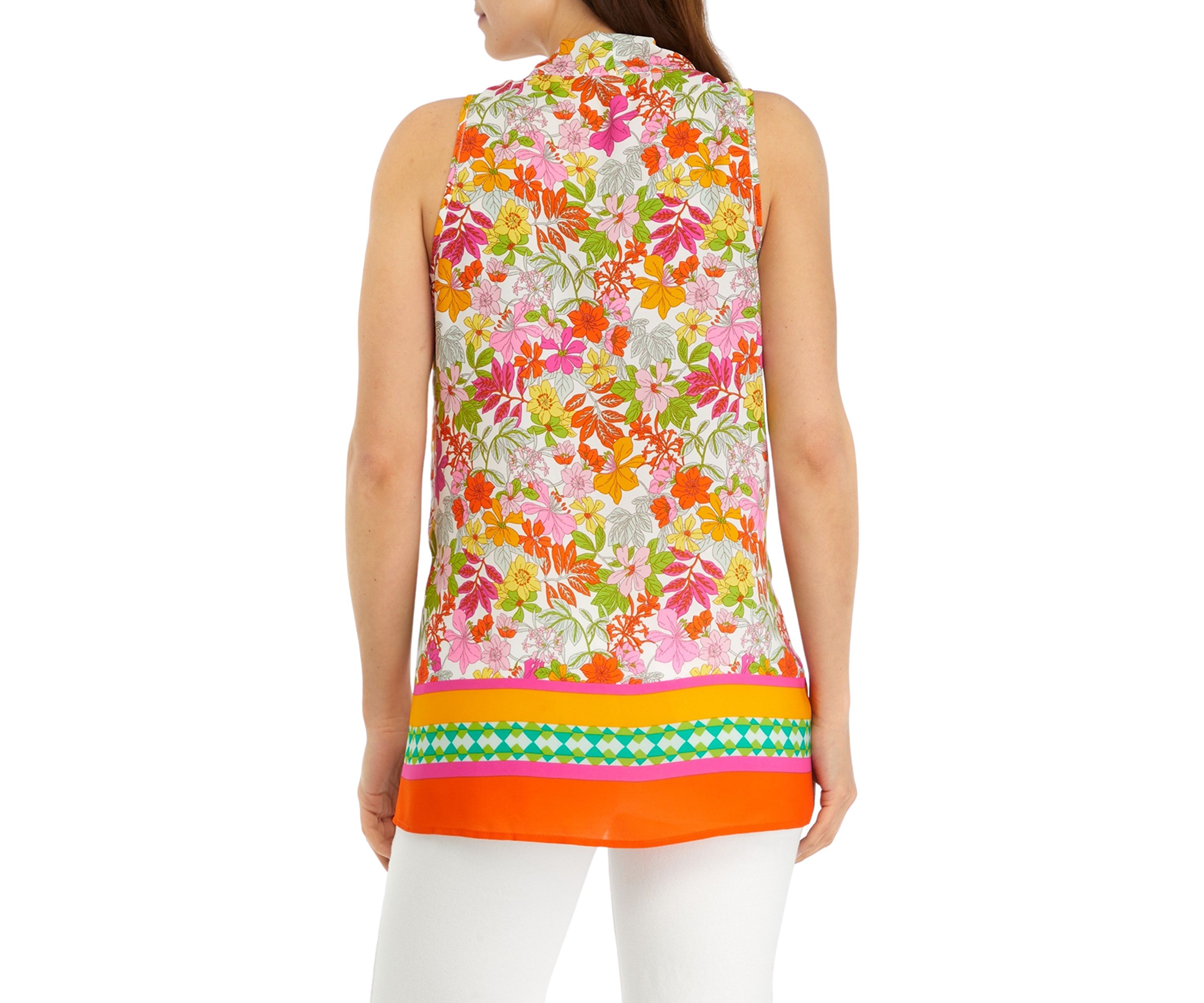 Womens Sleeveless Printed Pleated Front Blouse