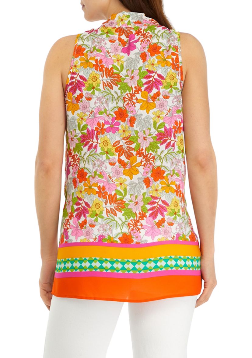 Womens Sleeveless Printed Pleated Front Blouse