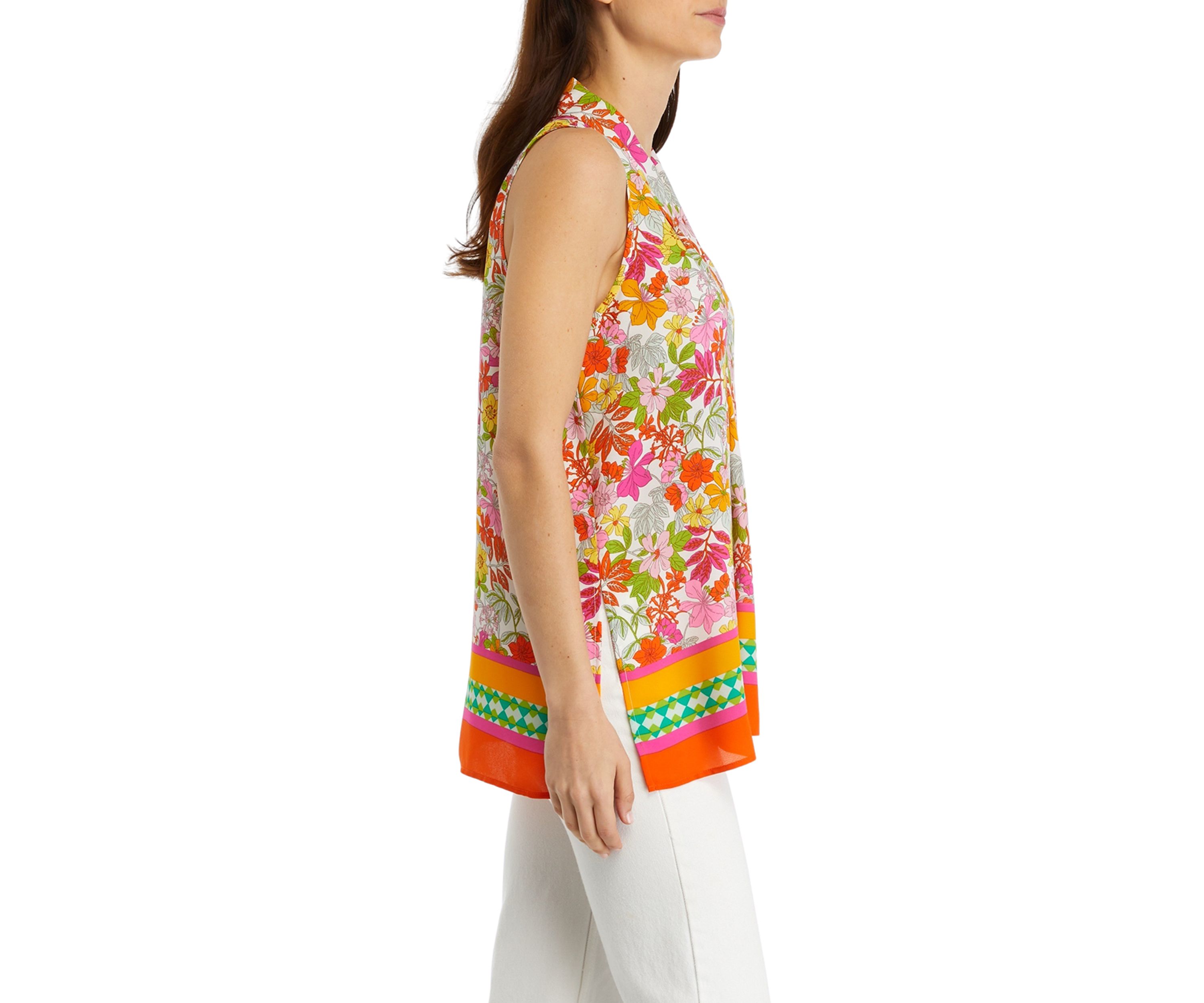 Womens Sleeveless Printed Pleated Front Blouse