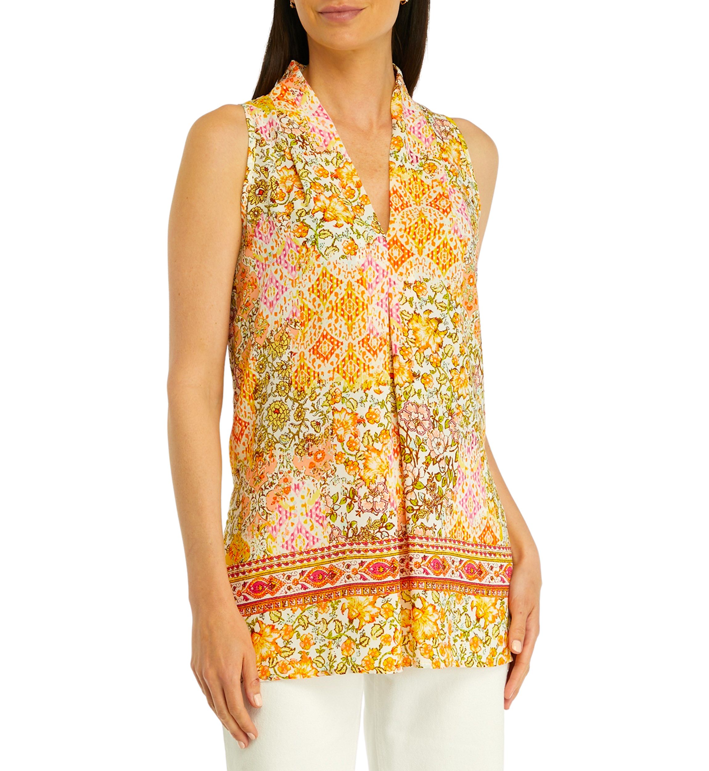 Womens Sleeveless Pleated Front Printed Blouse