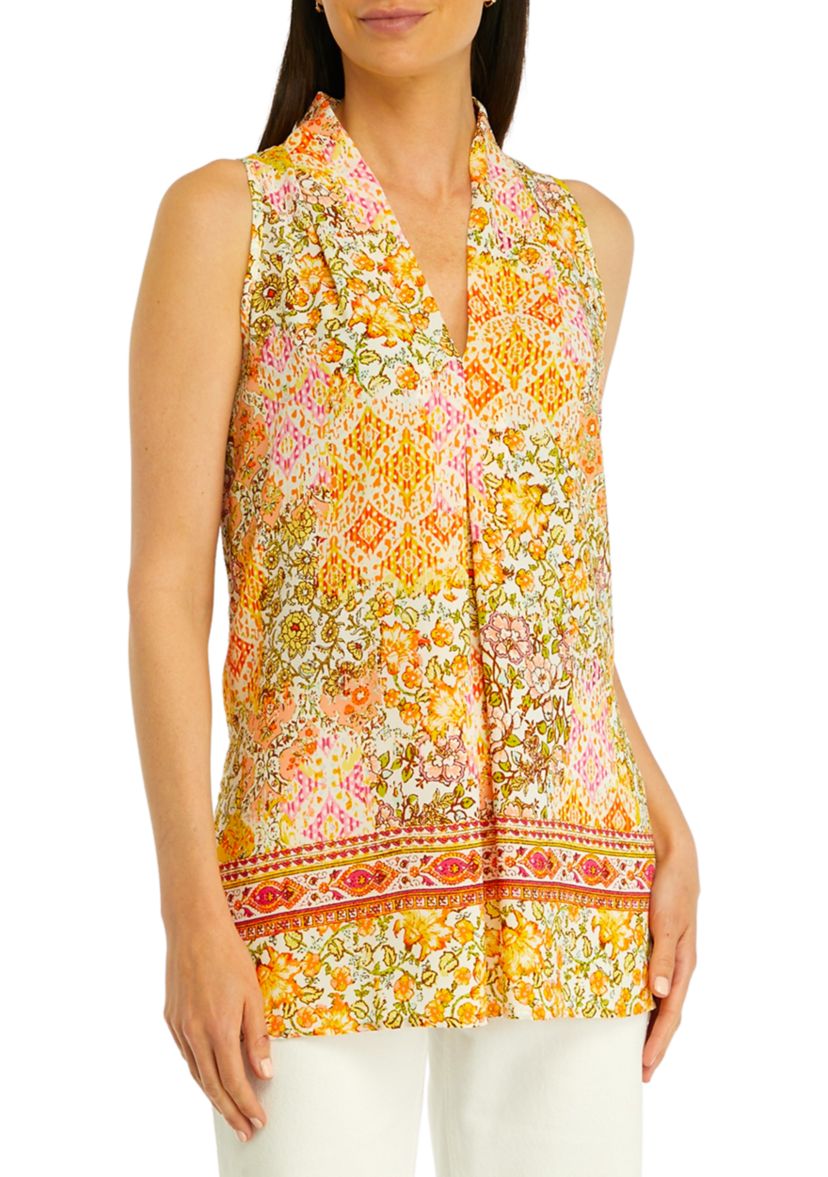Womens Sleeveless Pleated Front Printed Blouse