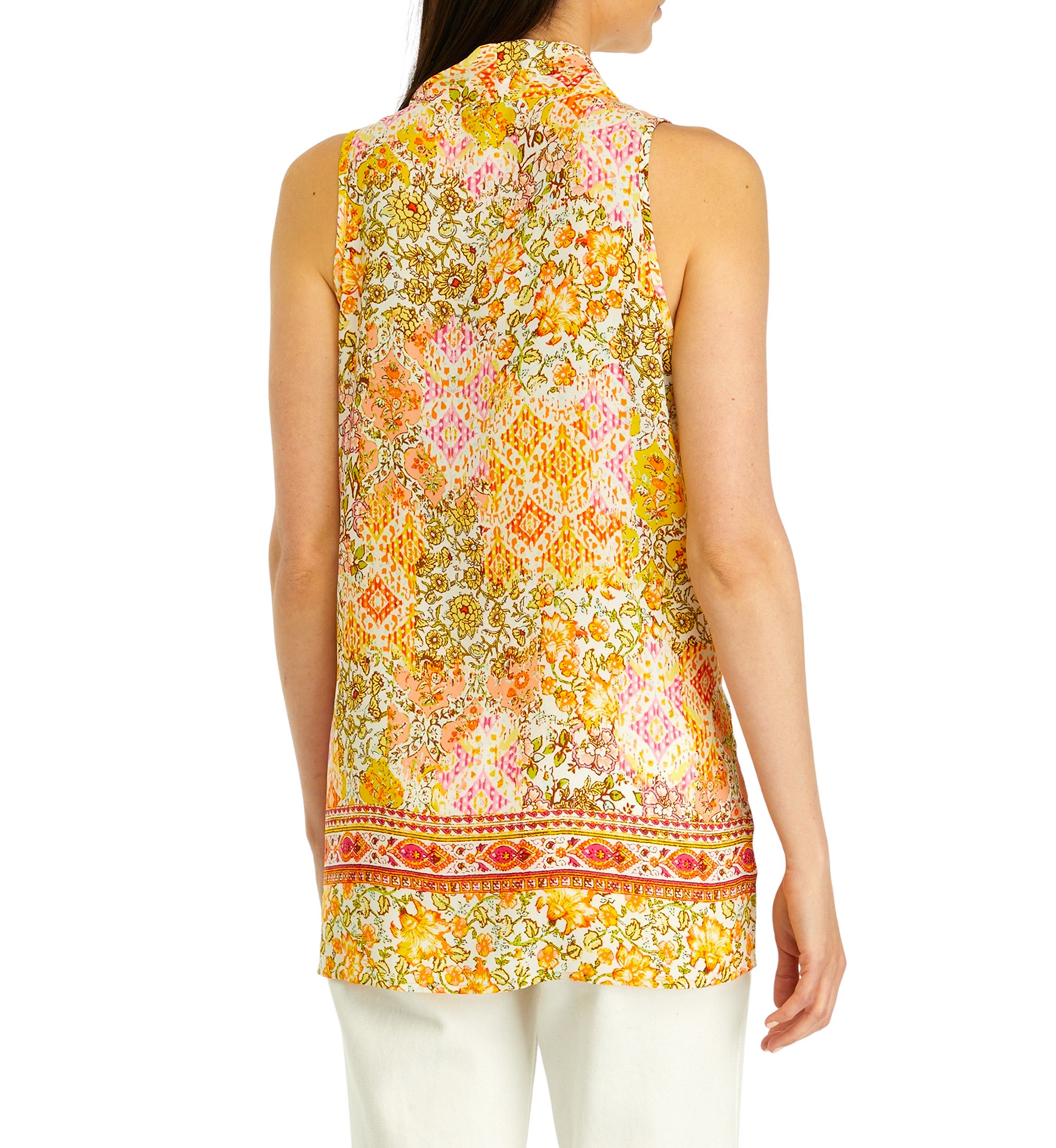 Womens Sleeveless Pleated Front Printed Blouse