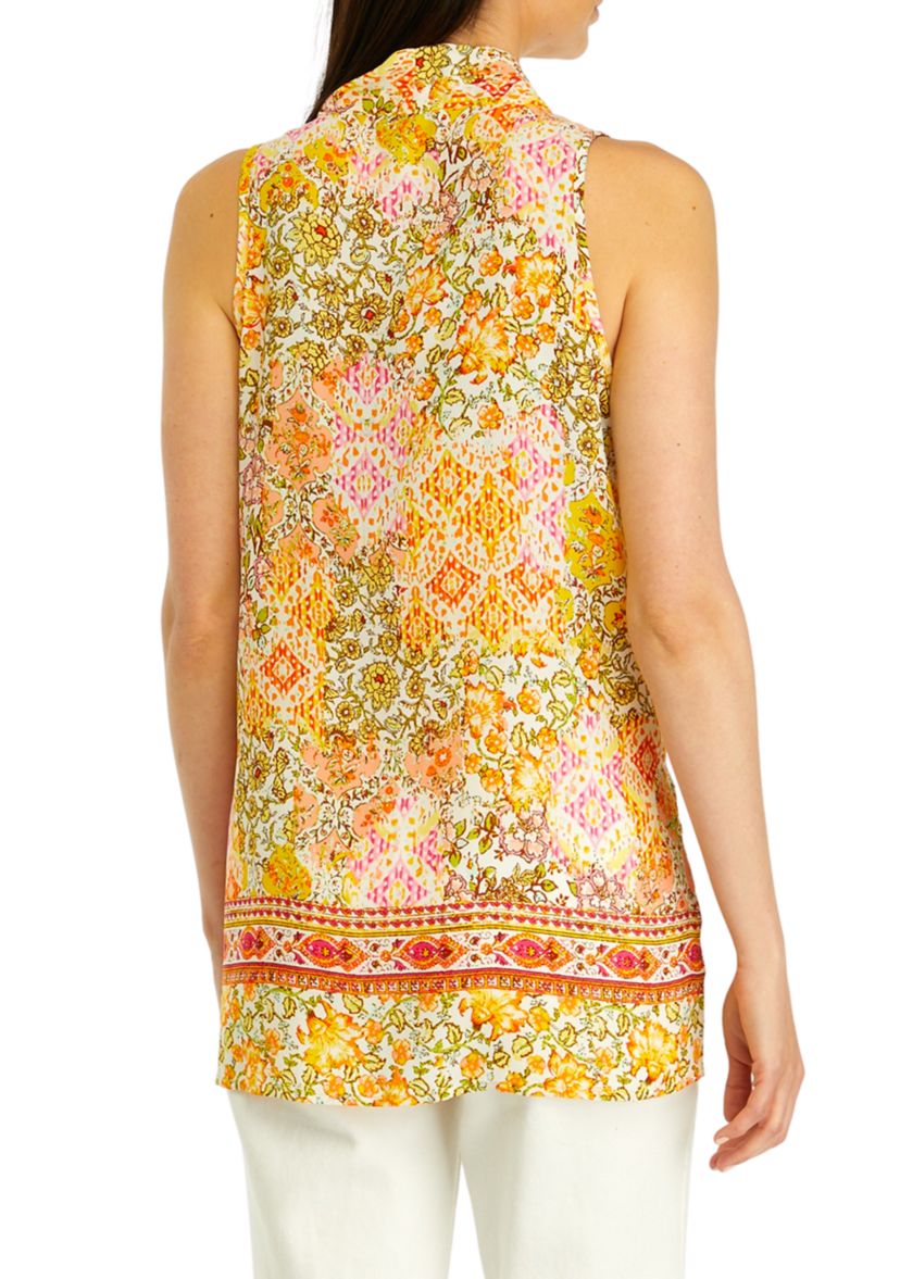 Womens Sleeveless Pleated Front Printed Blouse