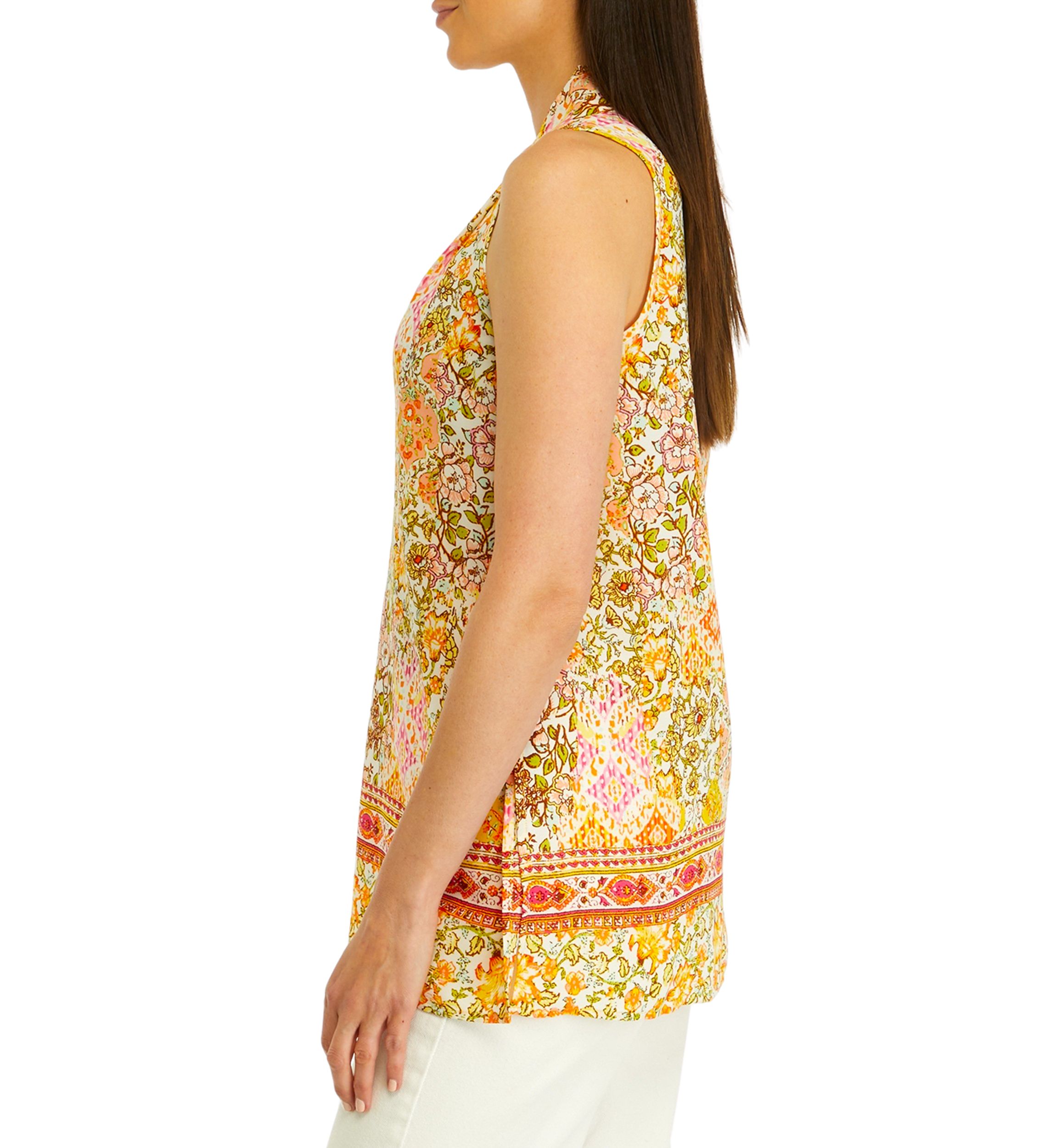 Womens Sleeveless Pleated Front Printed Blouse