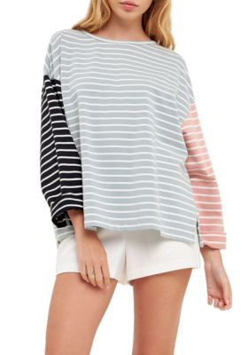 ENGLISH FACTORY Women's Striped Color Block Long Sleeve Tee, Large