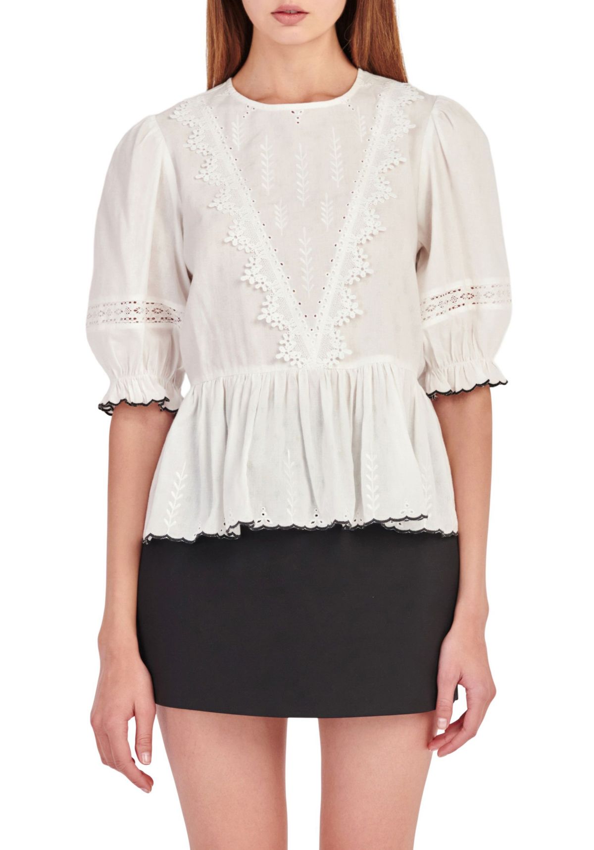Embroidered Blouse with Scalloped Hem