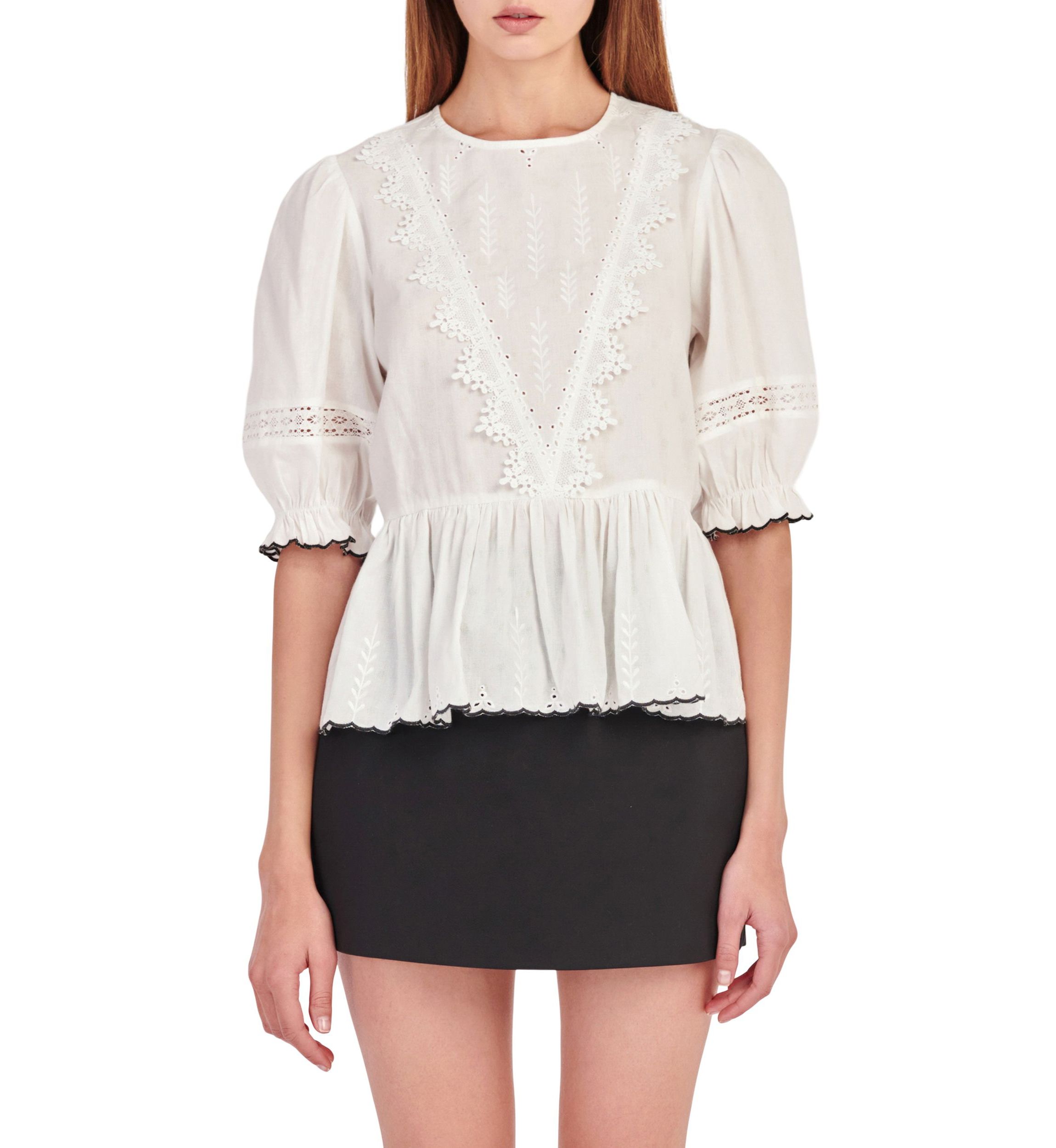 Embroidered Blouse with Scalloped Hem
