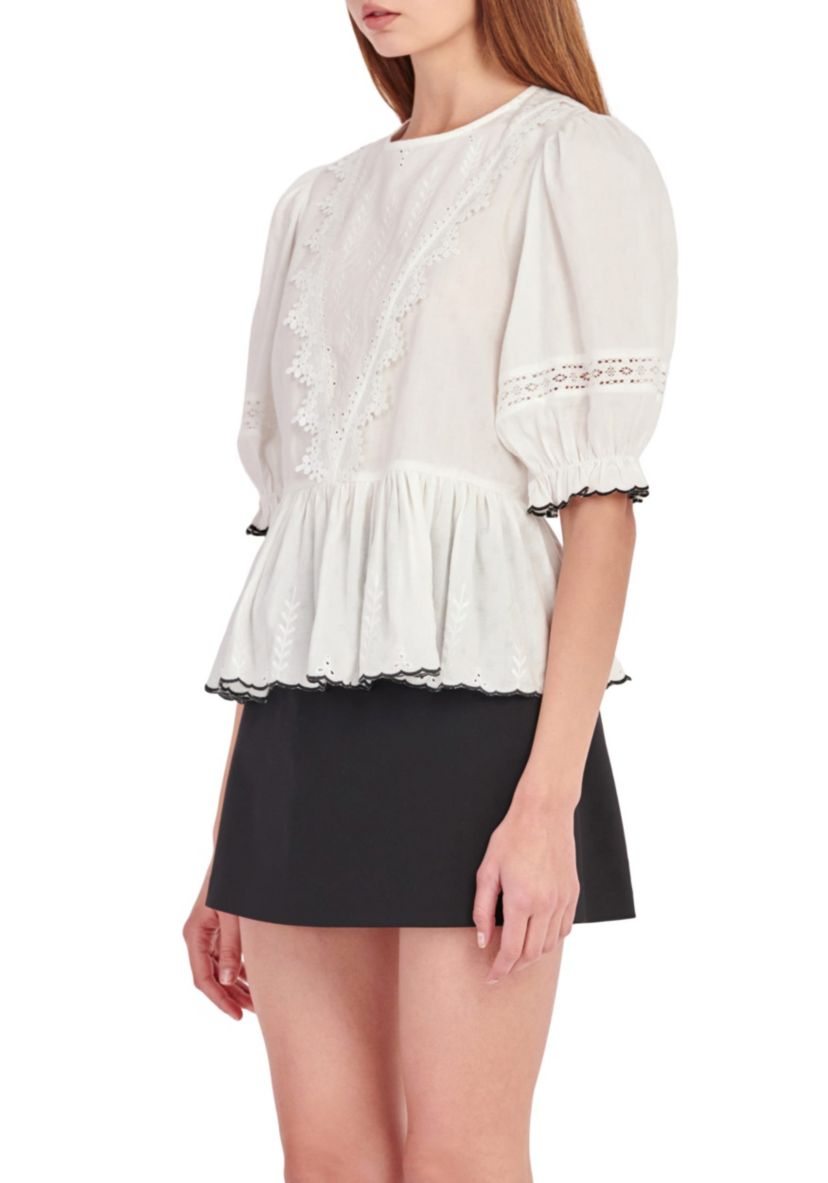 Embroidered Blouse with Scalloped Hem