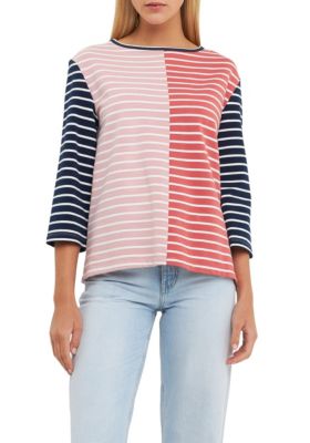 ENGLISH FACTORY Women's Striped Color Blocked 3/4 Length Sleeve Tee, Medium