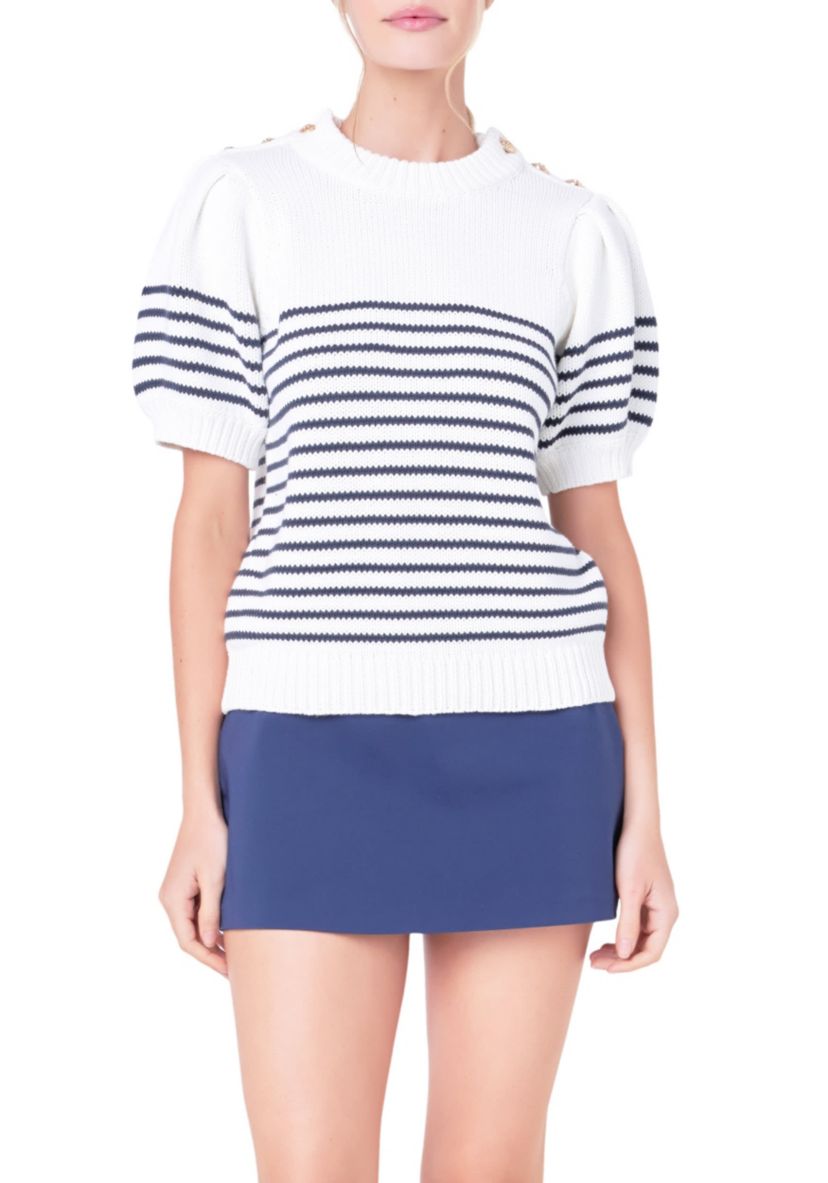 Striped Short Puff Sleeve Sweater with Buttons