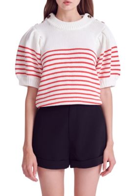 ENGLISH FACTORY Women's Striped Short Puff Sleeve Sweater with Buttons, Red, Large