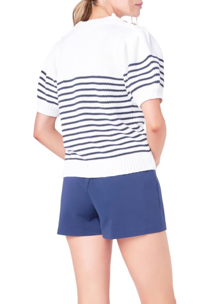 Striped Short Puff Sleeve Sweater with Buttons