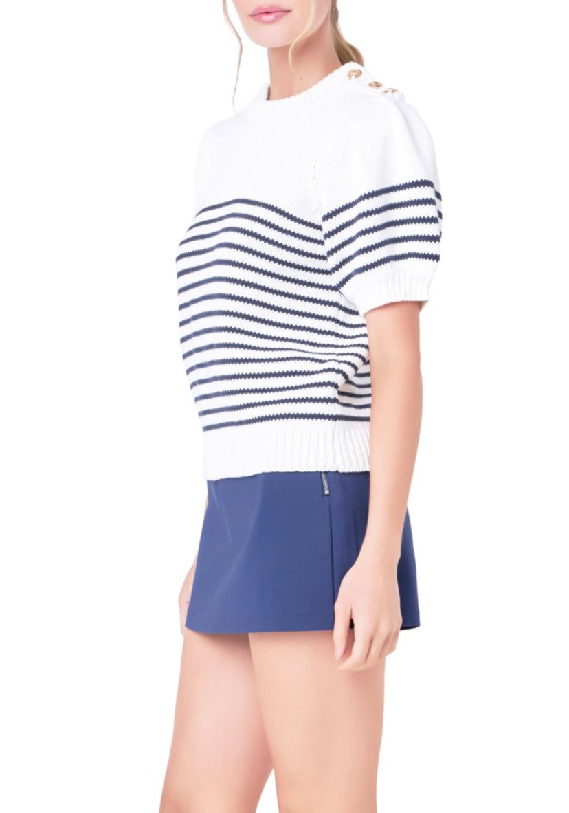 Striped Short Puff Sleeve Sweater with Buttons