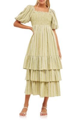 ENGLISH FACTORY Women's Gingham Striped Multi Tiered Maxi, Medium