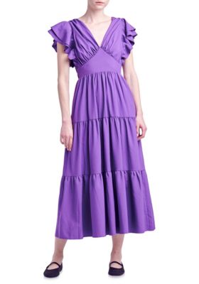 ENGLISH FACTORY Women's Back Cut-out with Elastic Detail Midi Dress, Purple, Small