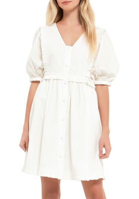 ENGLISH FACTORY Women's V Button Down Baby Doll Dress, White, XS