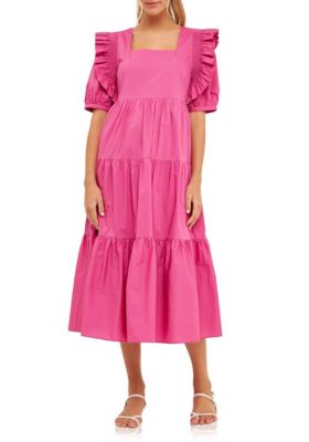 ENGLISH FACTORY Women's Square Neck Ruffle Smocked Detail Midi Dress, Small