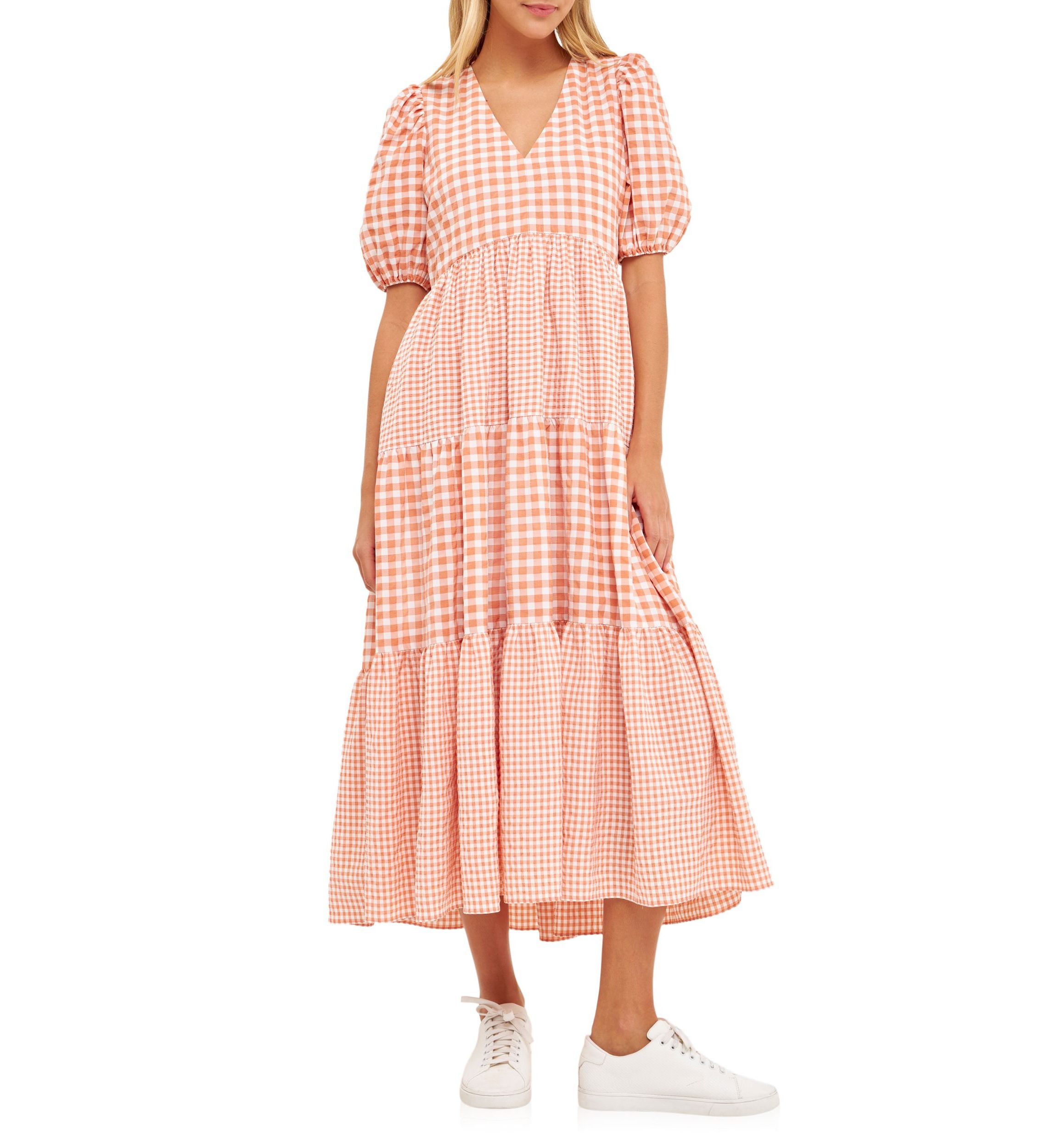 Gingham Check Combination Midi Dress