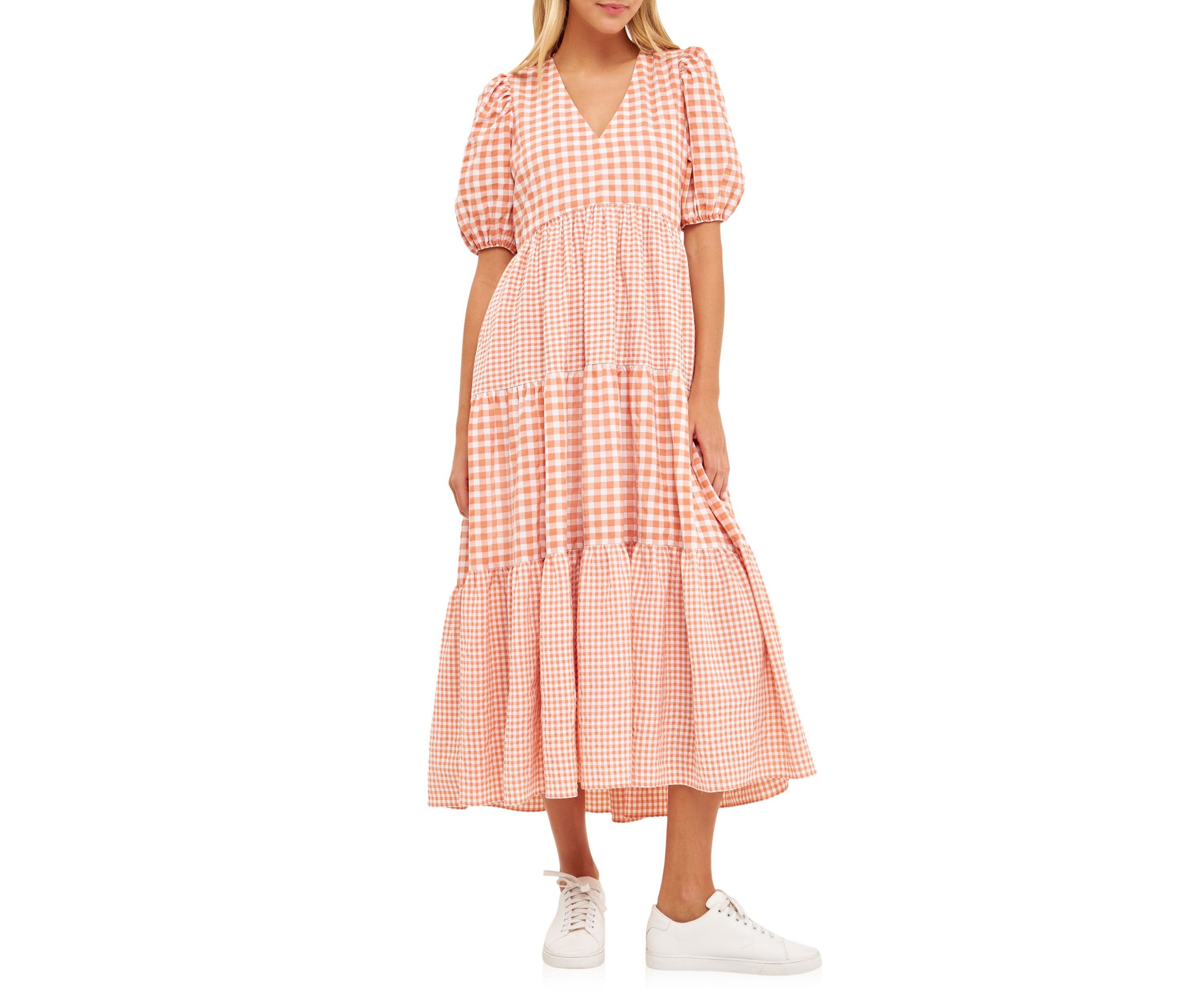 Gingham Check Combination Midi Dress
