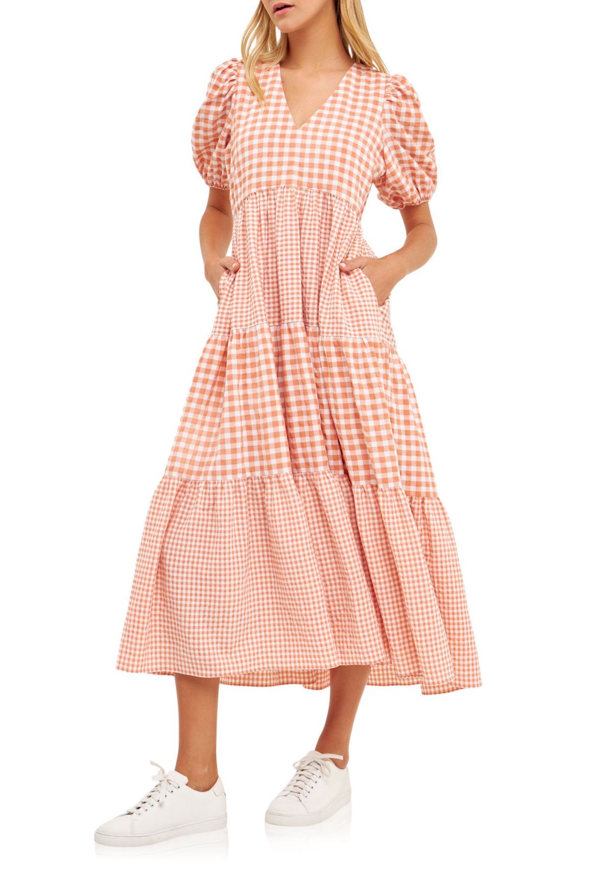 Gingham Check Combination Midi Dress