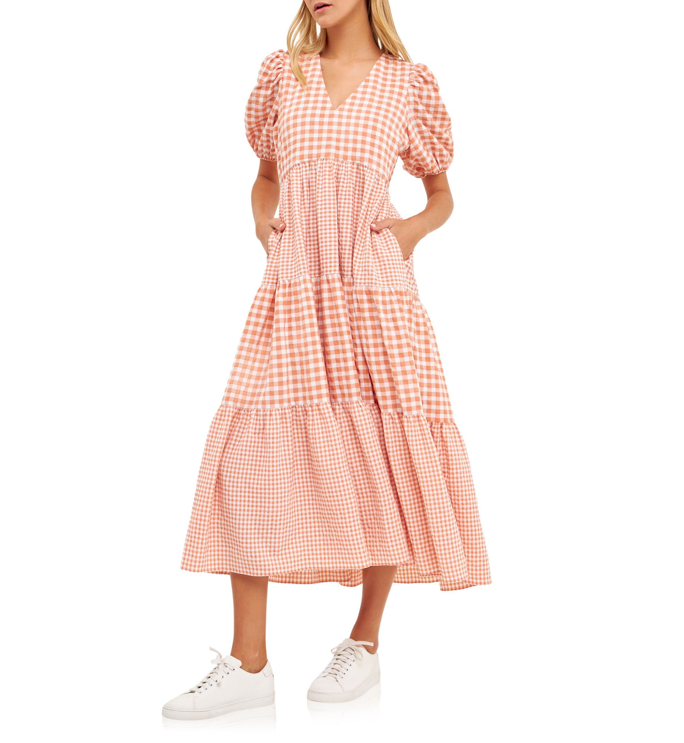 Gingham Check Combination Midi Dress