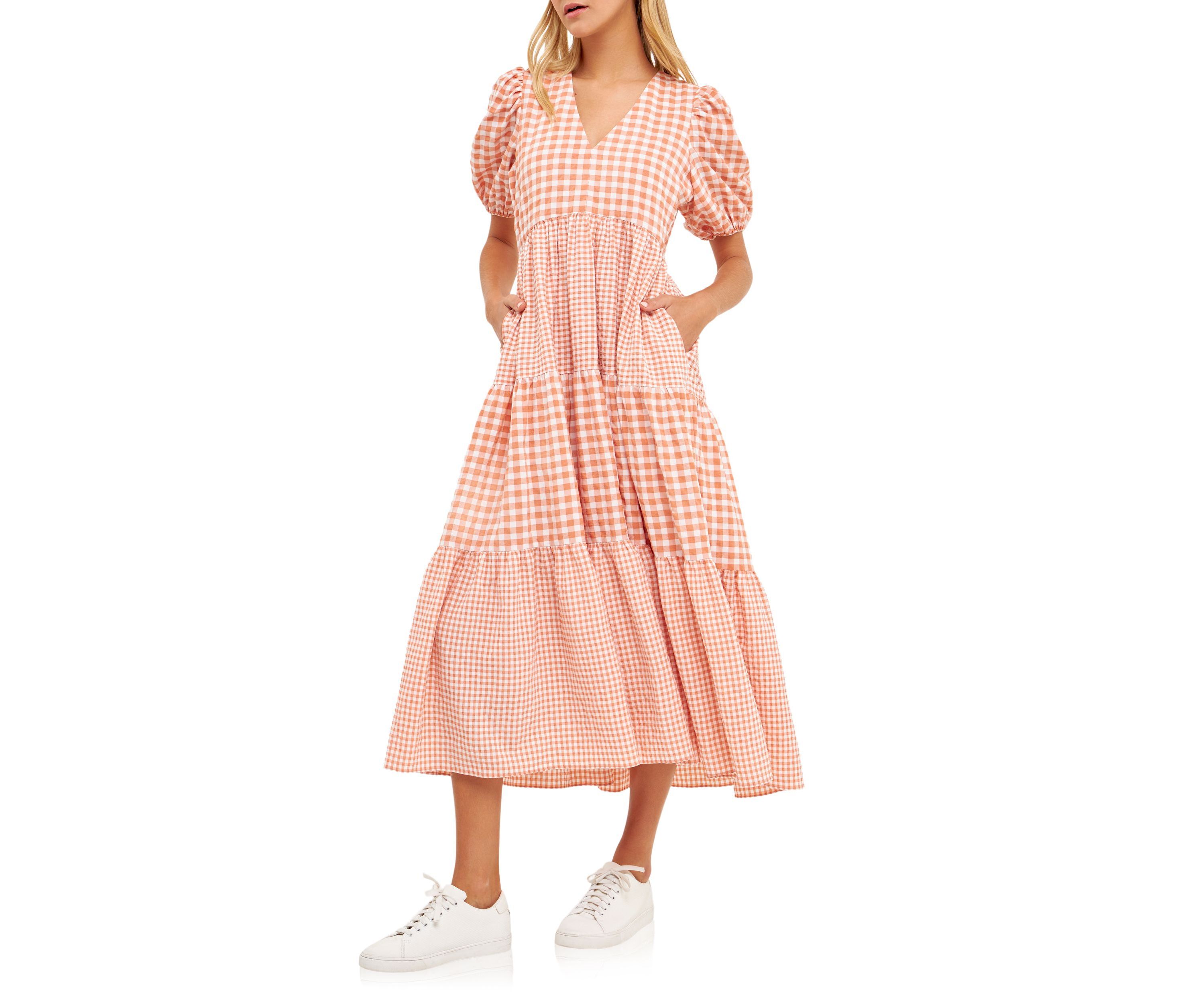 Gingham Check Combination Midi Dress