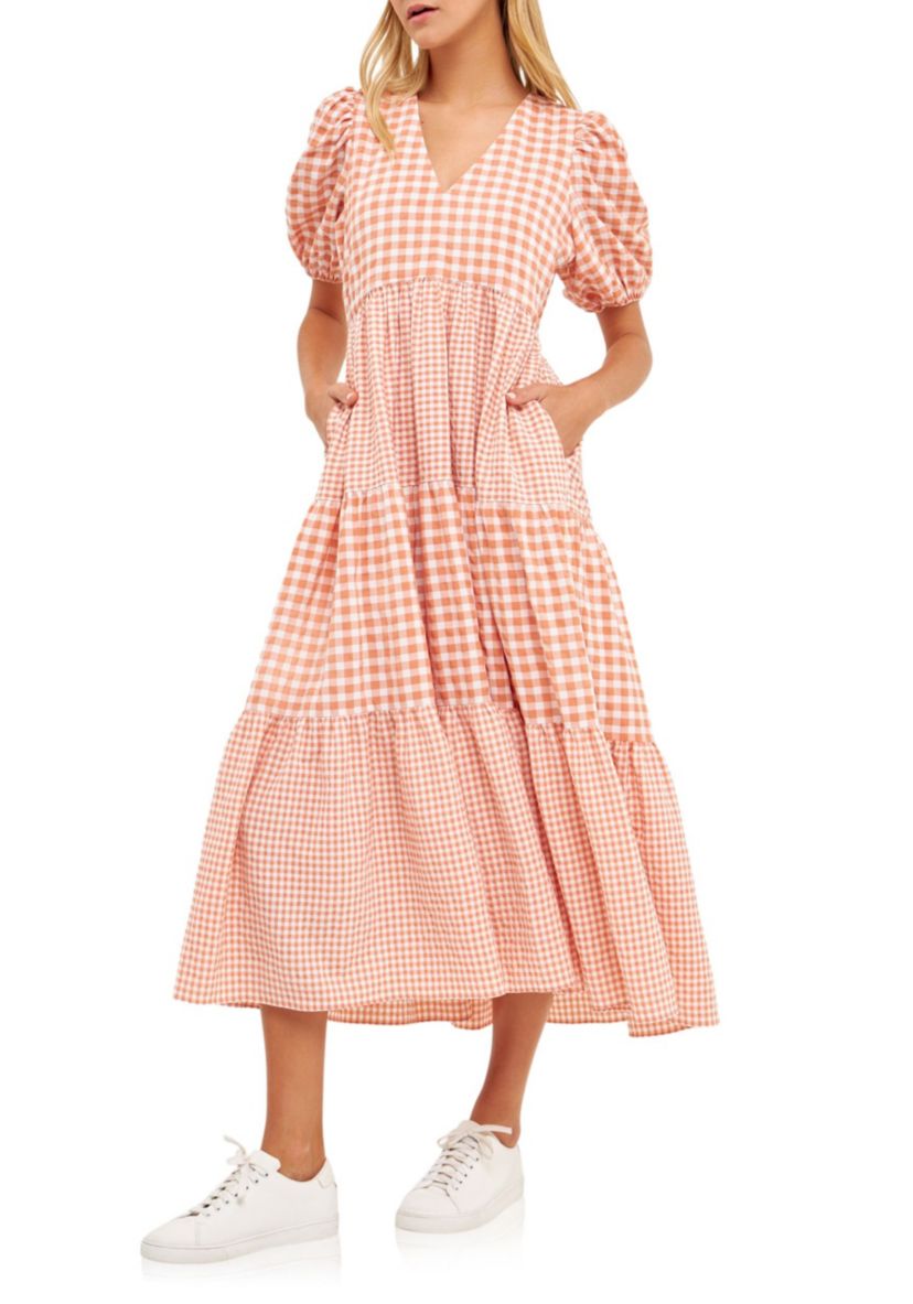 Gingham Check Combination Midi Dress