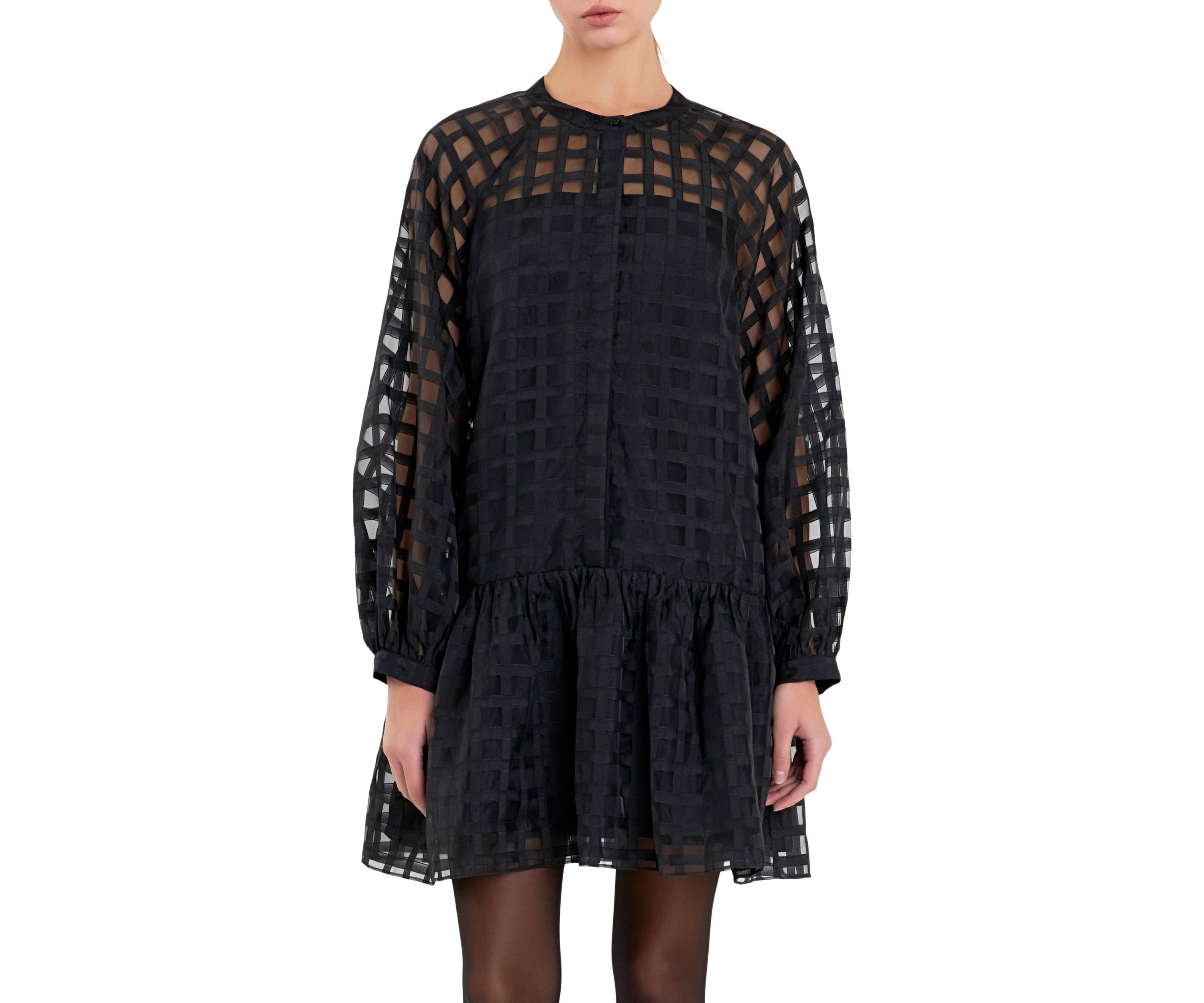 Check Organza Buttoned Long Sleeve Mini