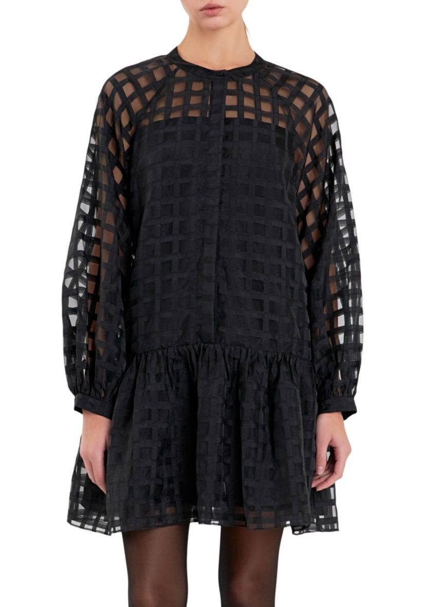 Check Organza Buttoned Long Sleeve Mini
