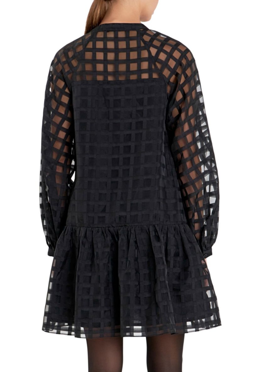 Check Organza Buttoned Long Sleeve Mini
