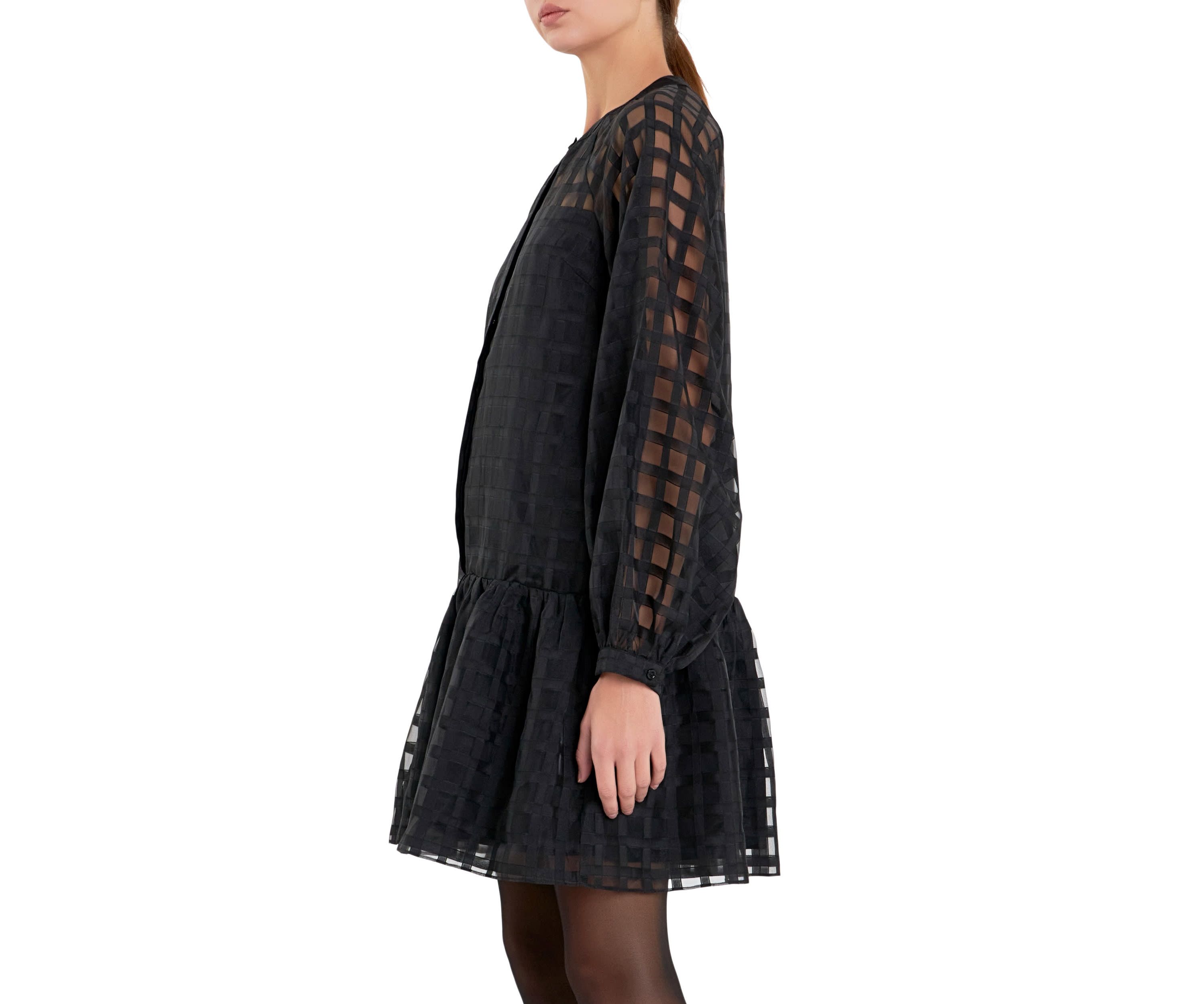 Check Organza Buttoned Long Sleeve Mini