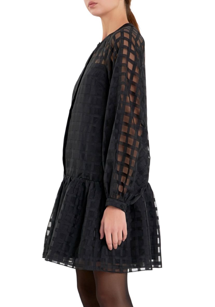 Check Organza Buttoned Long Sleeve Mini
