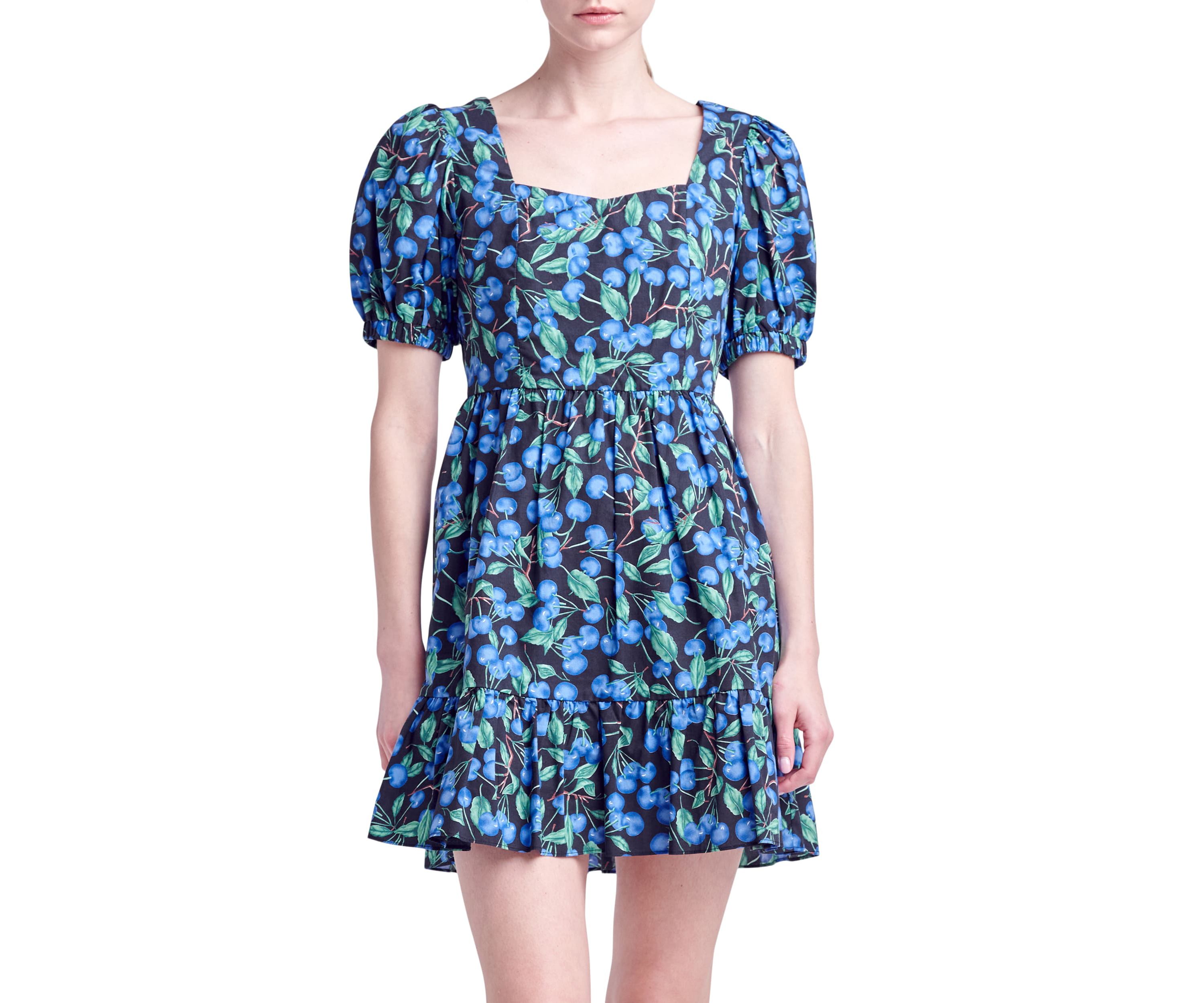 Blueberry Print Mini Dress with Puff Sleeves