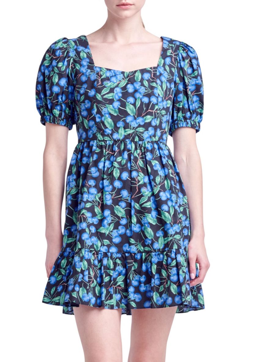 Blueberry Print Mini Dress with Puff Sleeves