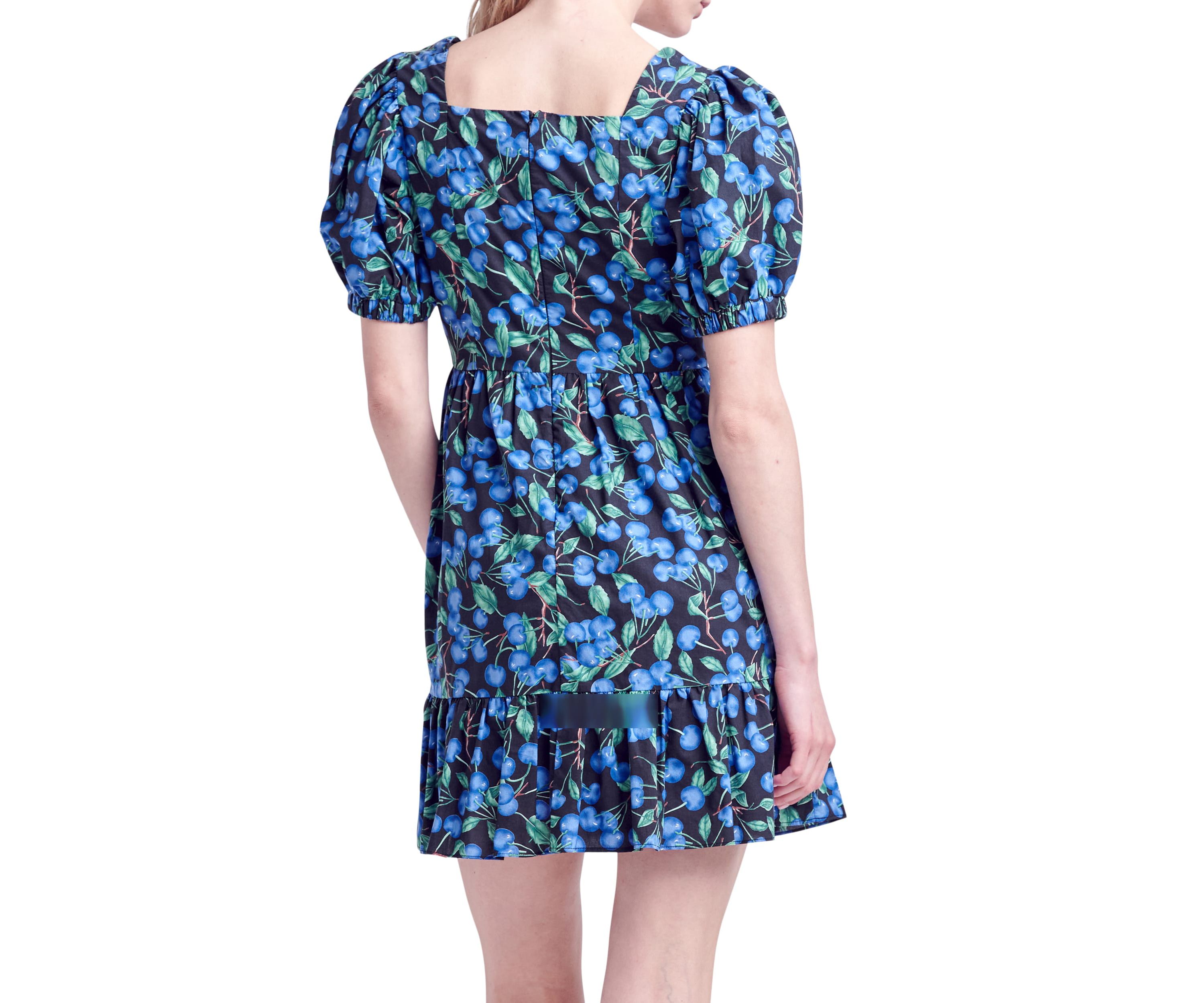 Blueberry Print Mini Dress with Puff Sleeves