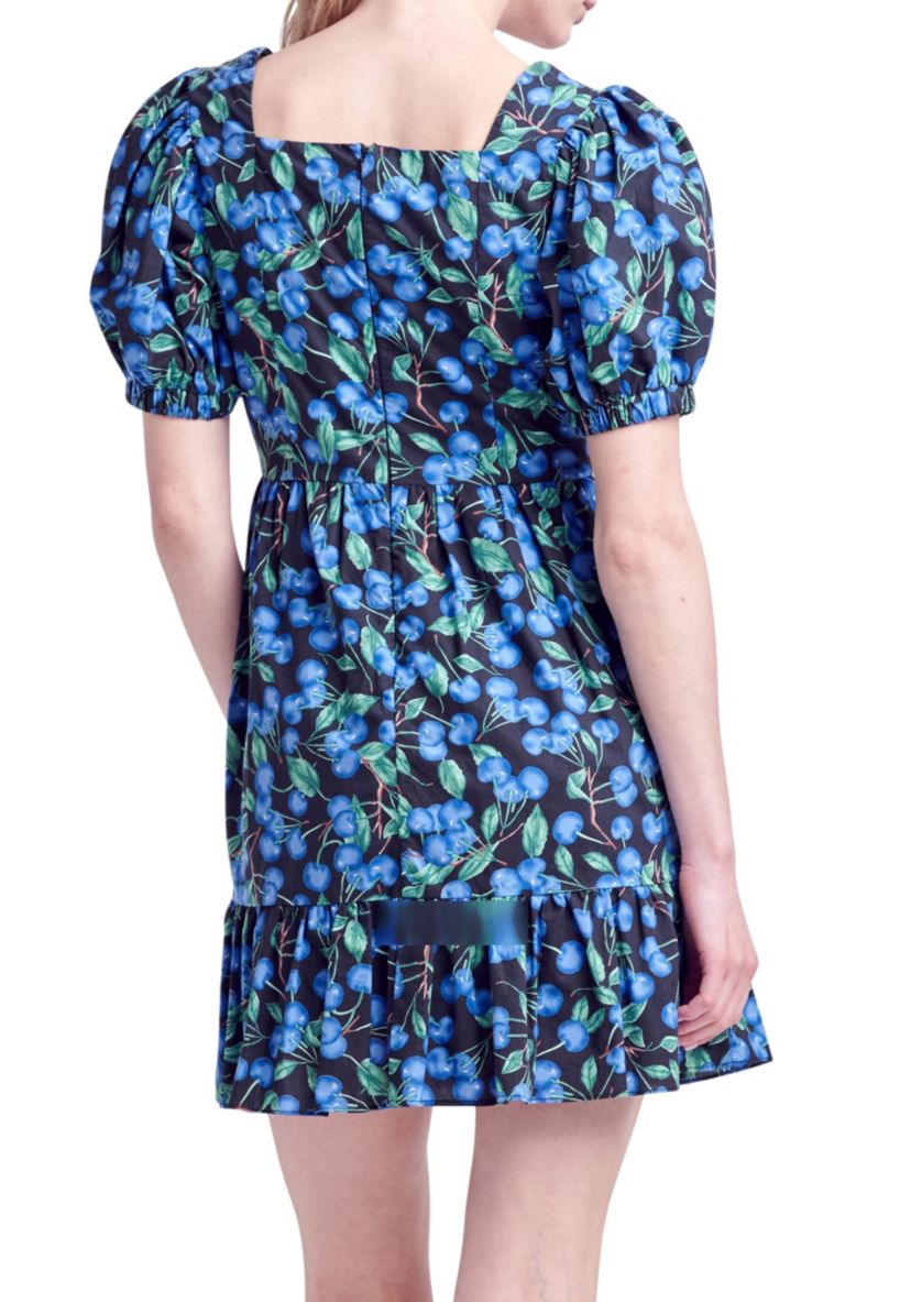 Blueberry Print Mini Dress with Puff Sleeves