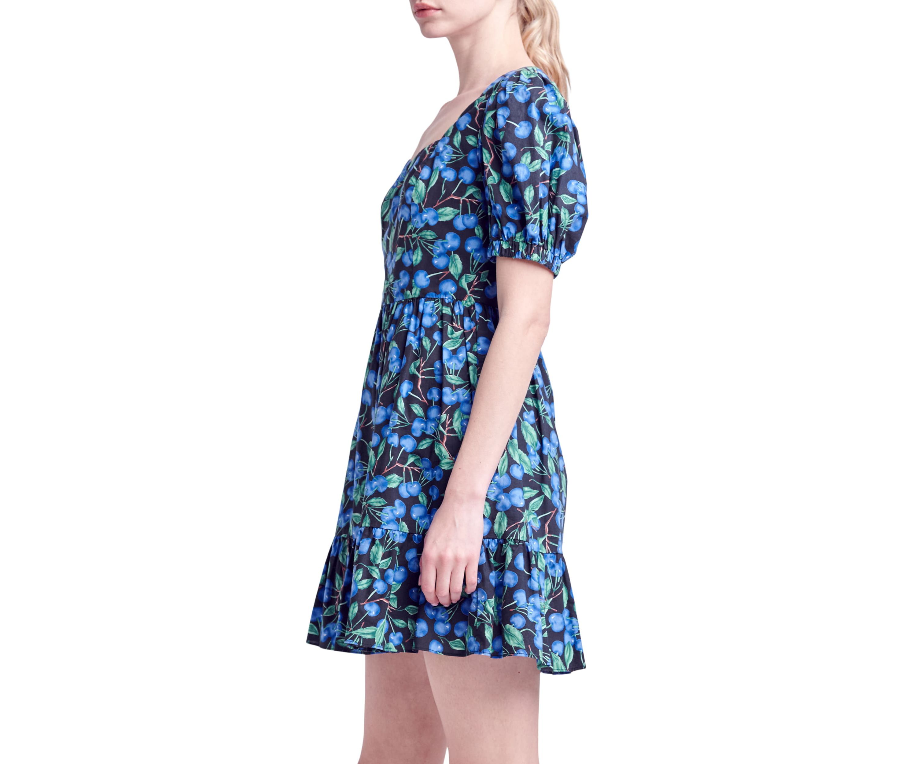 Blueberry Print Mini Dress with Puff Sleeves