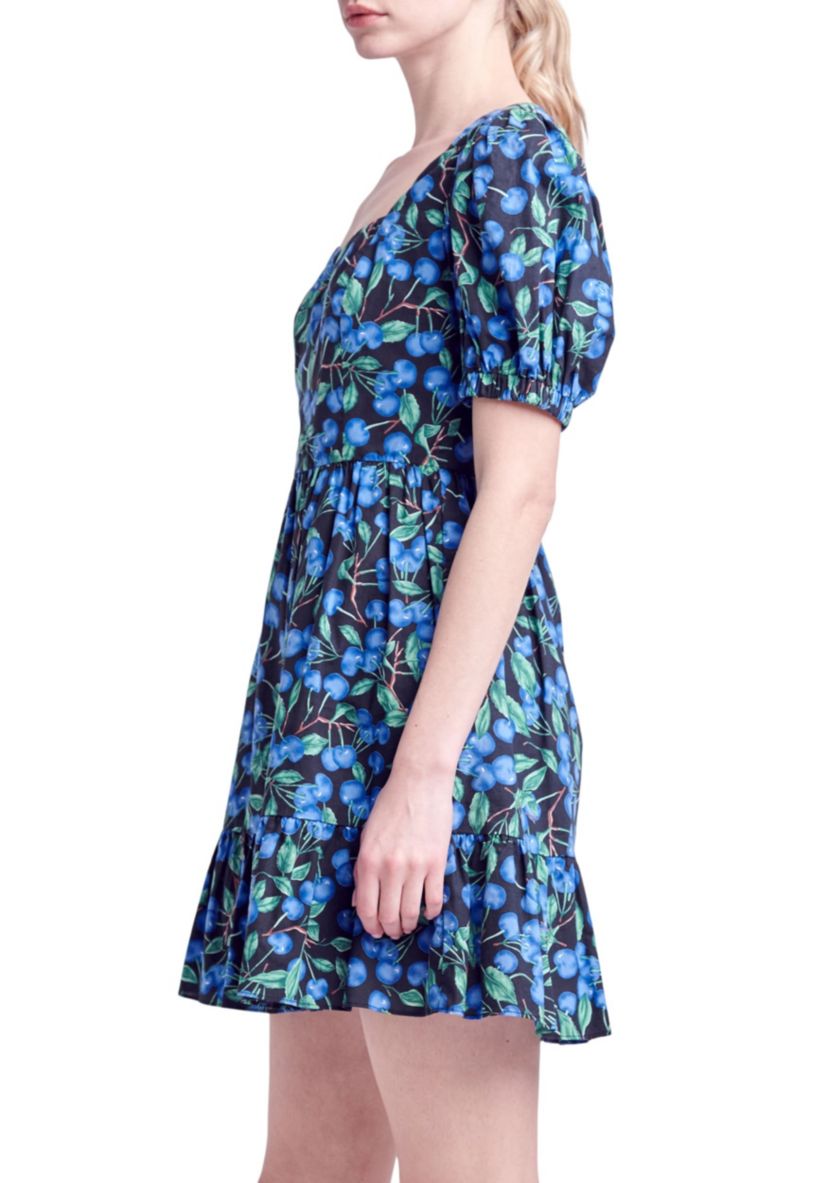 Blueberry Print Mini Dress with Puff Sleeves