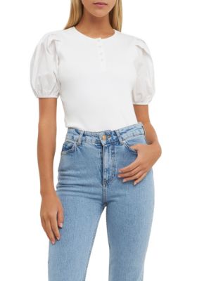 ENGLISH FACTORY Women's Mixed Media Puff Sleeve Henley Top, White, Medium