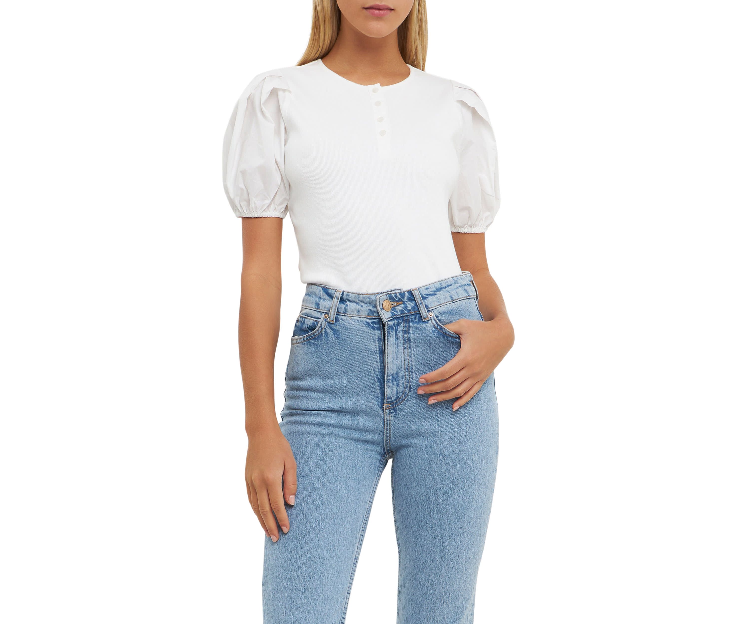 Mixed Media Puff Sleeve Henley Top