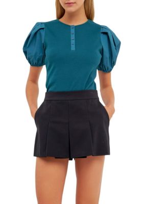 ENGLISH FACTORY Women's Mixed Media Puff Sleeve Henley Top, Teal, Medium
