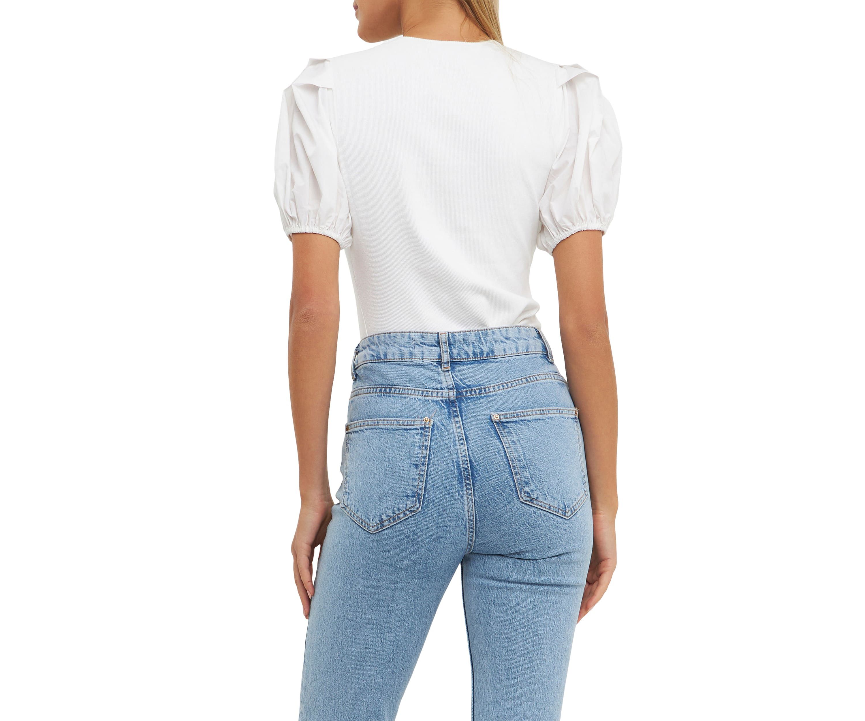 Mixed Media Puff Sleeve Henley Top