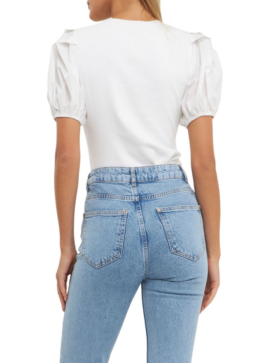 Mixed Media Puff Sleeve Henley Top