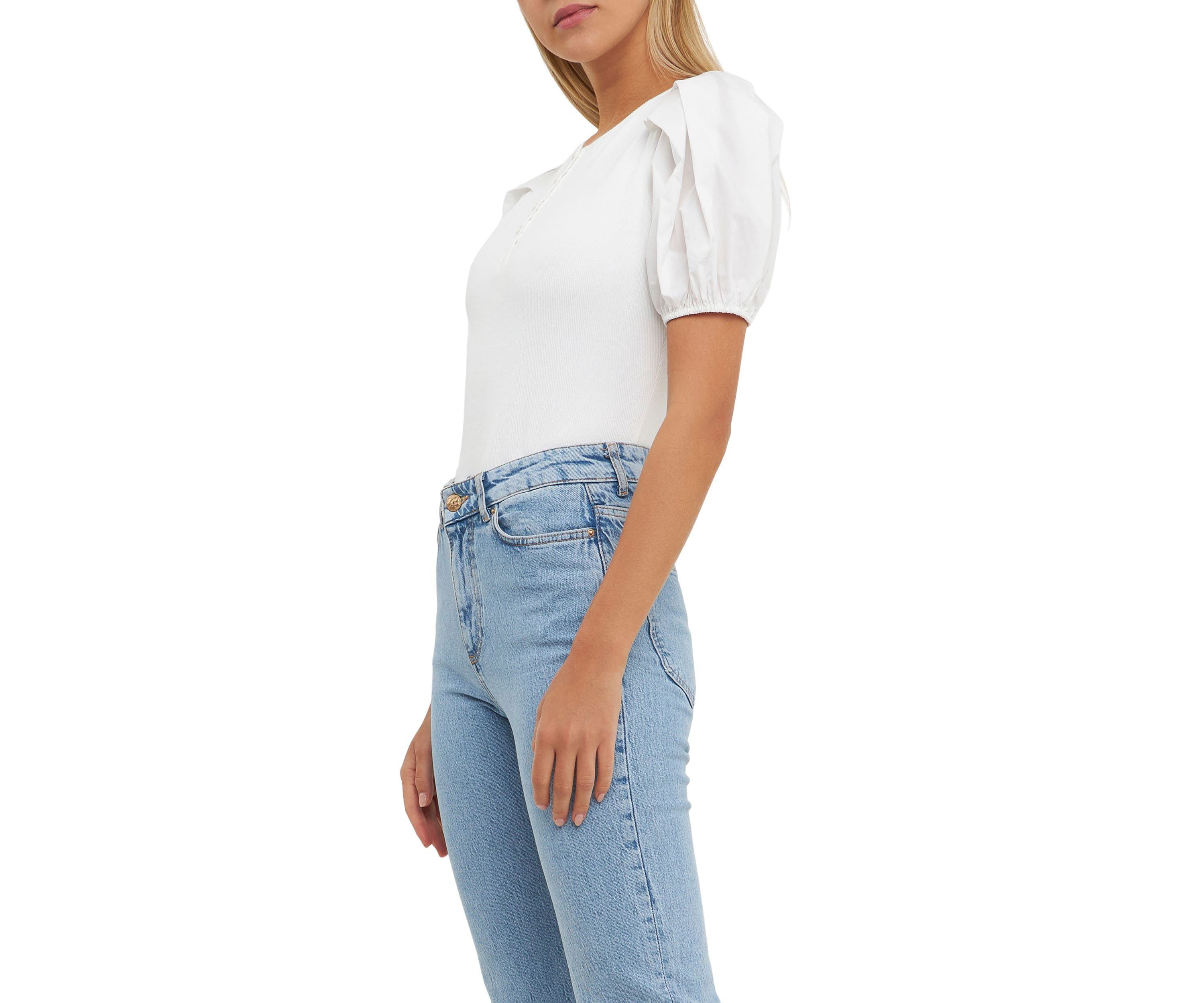 Mixed Media Puff Sleeve Henley Top