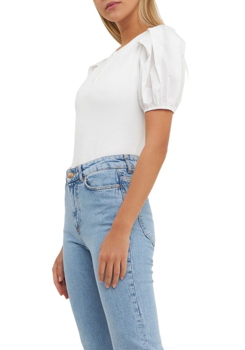Mixed Media Puff Sleeve Henley Top
