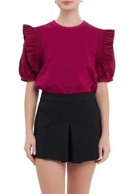 ENGLISH FACTORY Women's Mixed Media Ruffle Blouson Top, Large