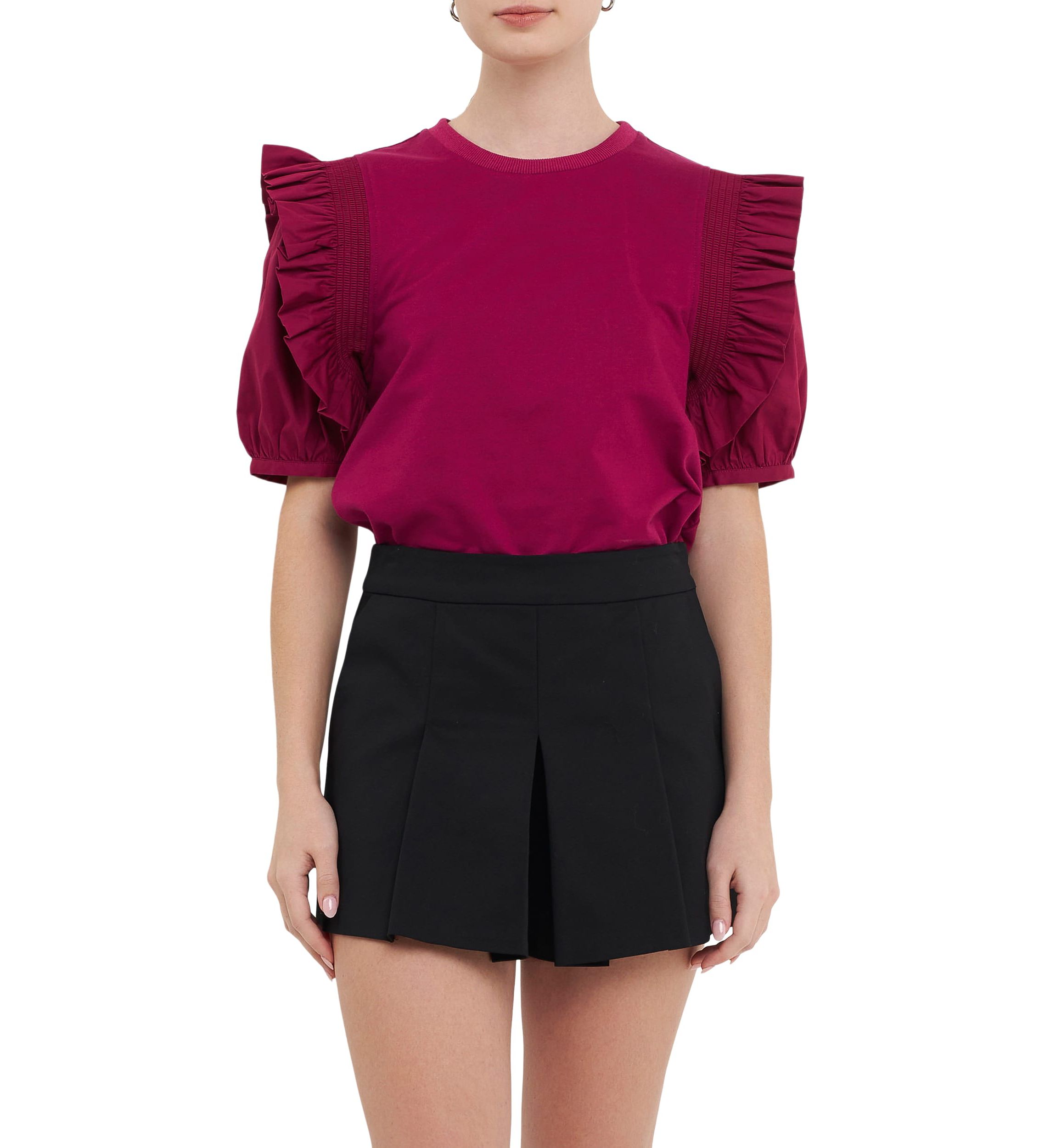 Mixed Media Ruffle Blouson Top