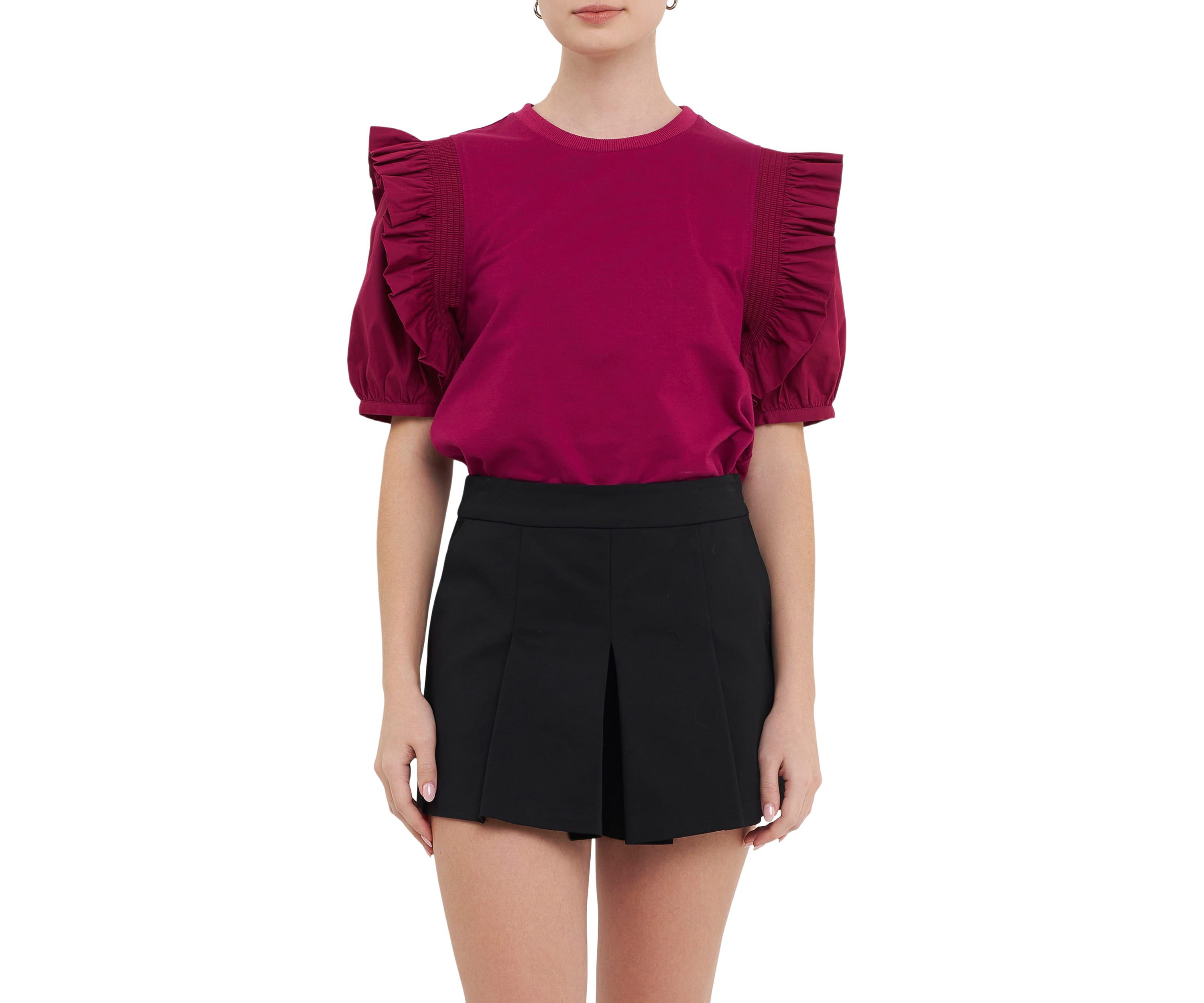 Mixed Media Ruffle Blouson Top