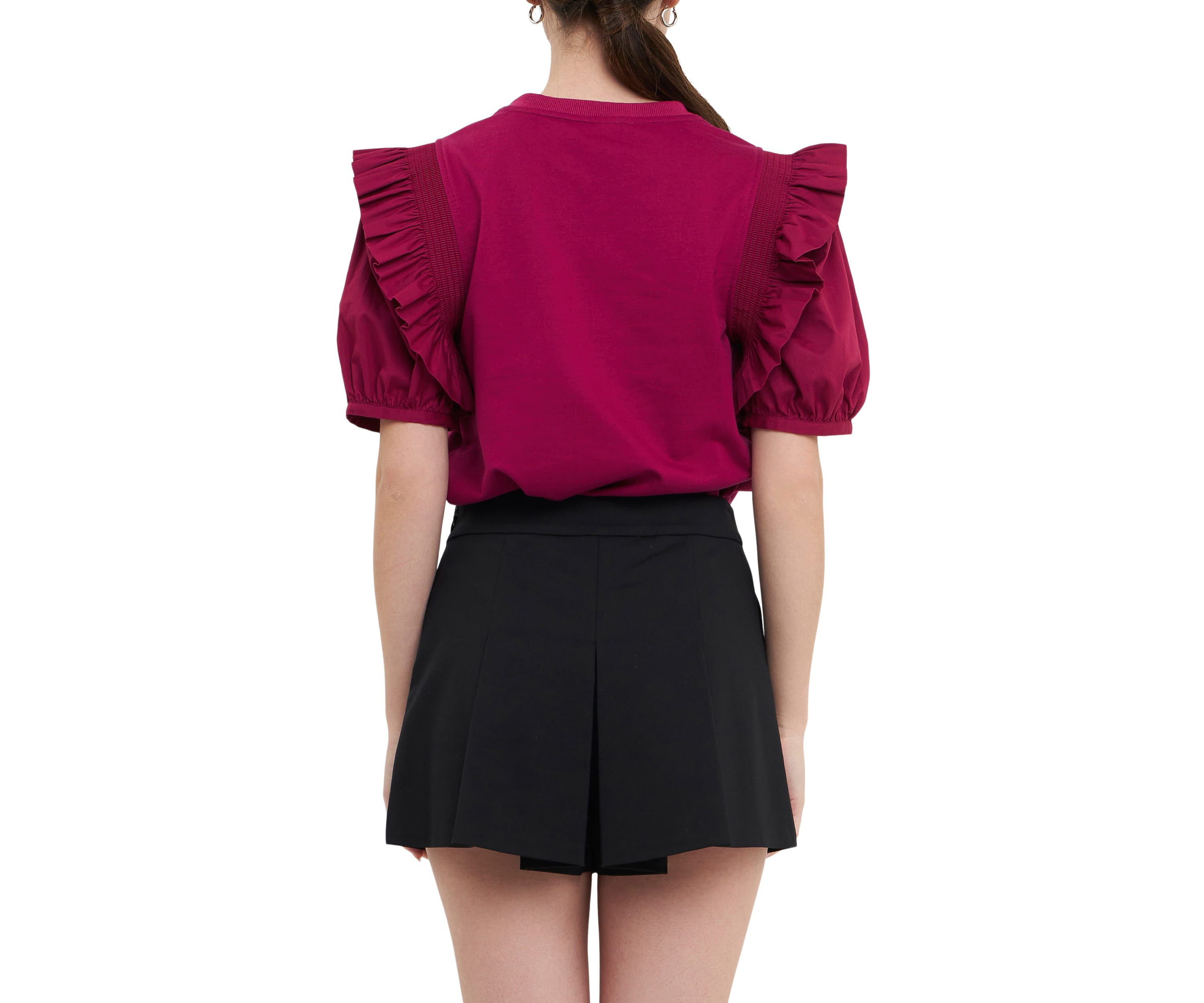 Mixed Media Ruffle Blouson Top