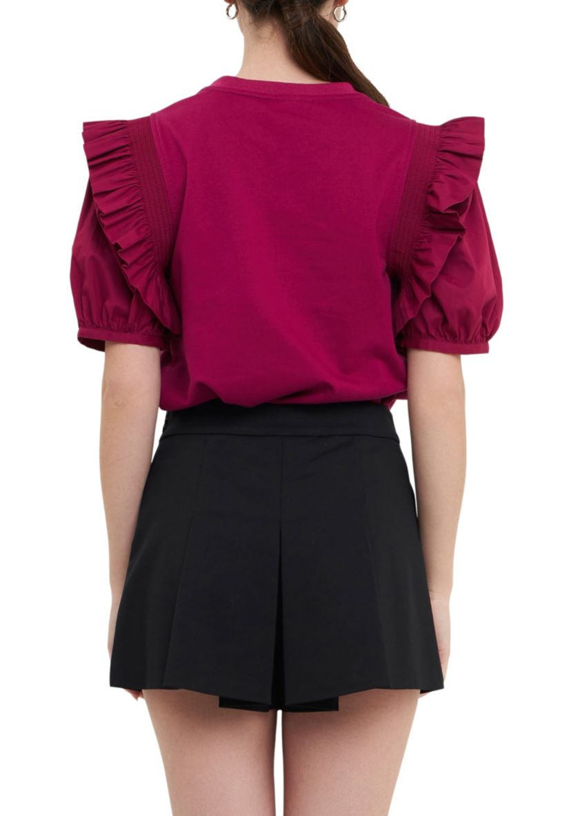 Mixed Media Ruffle Blouson Top